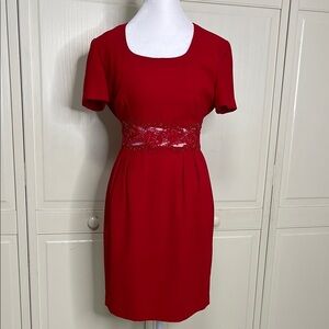 Donna Morgan Woman’s Petite Red Dress with Tie Belt Sz 6 Short Sleeve Lace
